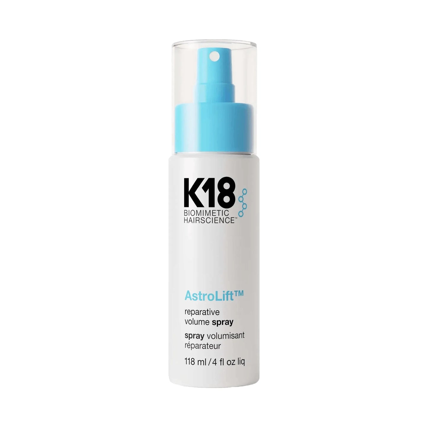 K18 AstroLift reparative volume spray 118ml bottle with blue spray cap on white background