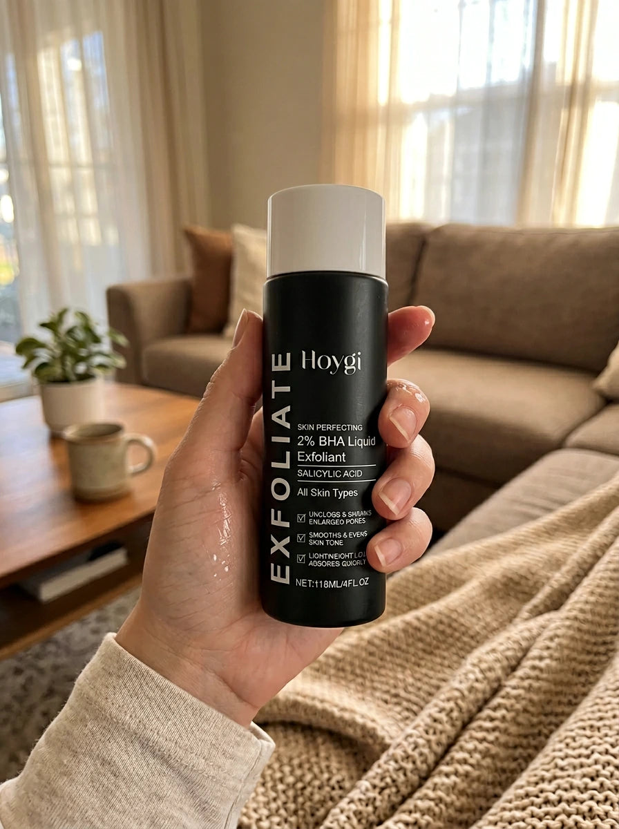 Donna che tiene Velivor 2% BHA Liquid Exfoliant in a soggiorno accogliente skincare review setting