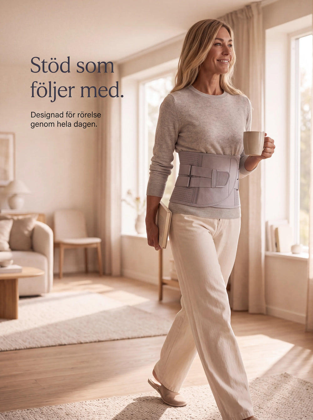 Kvinna går hemma med Velivor CoreSupport ländryggsstöd