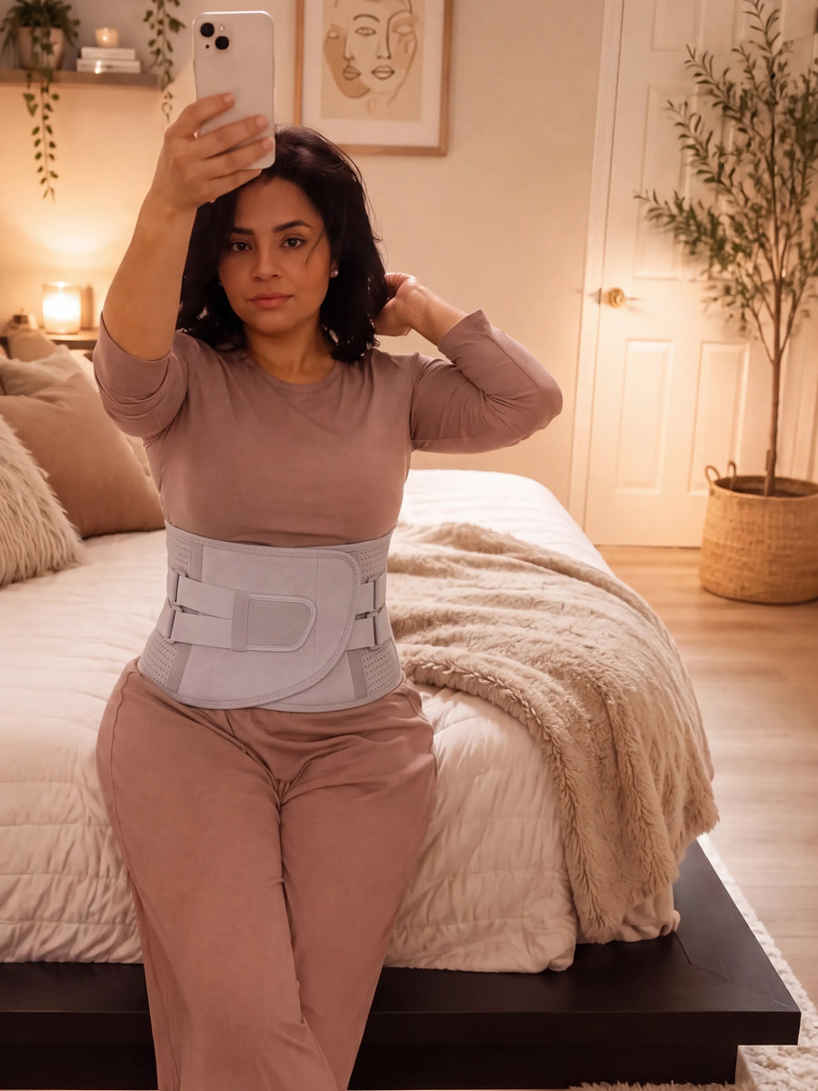 Kvinna sitter hemma med Velivor CoreSupport ländryggsstöd.