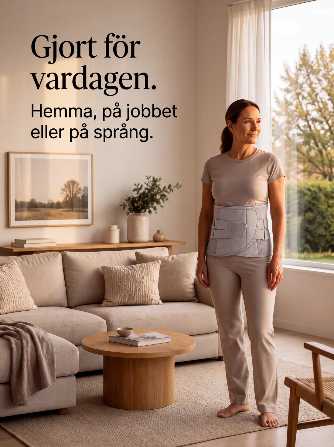 Kvinna bär Velivor CoreSupport hemma i vardagen