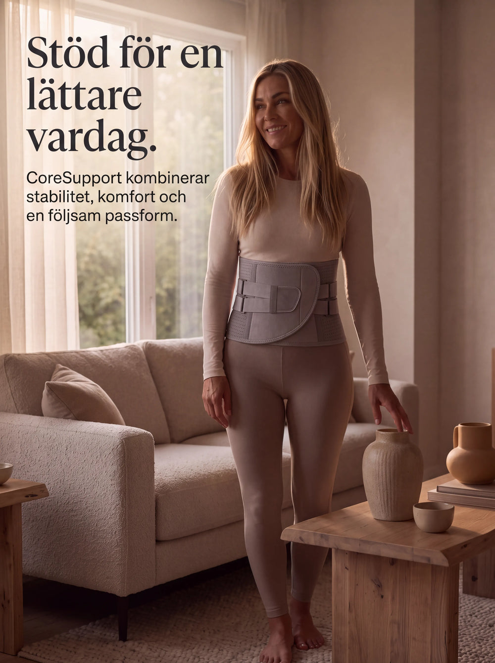 Kvinna bär Velivor CoreSupport ländryggsstöd i ett ljust vardagsrum