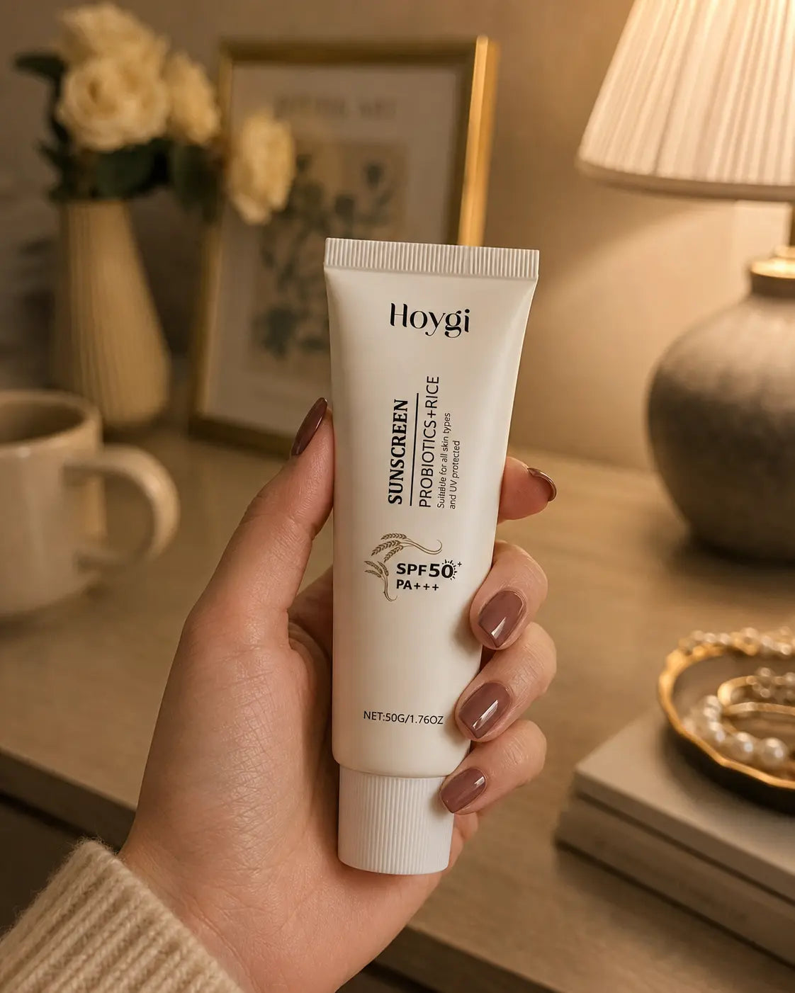 Frau hält Velivor Daily Defense SPF 50 Sonnenschutz in einer warmen Abendstimmung zu Hause