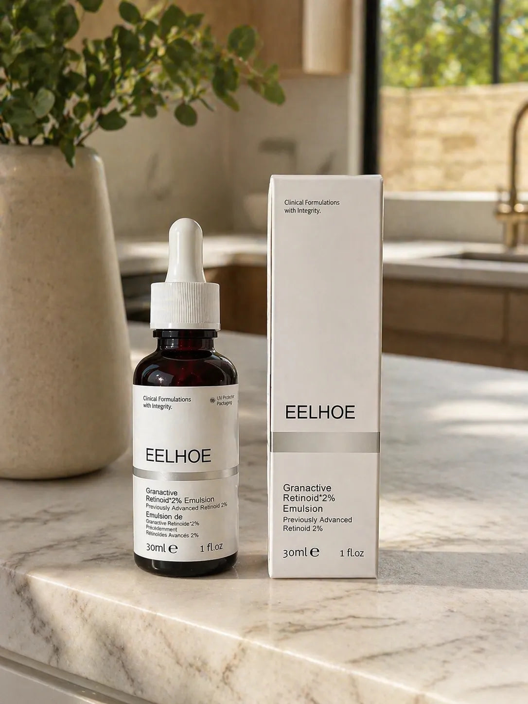 Velivor Deep Pore Reset Serum Flasche und Box displayed on marble kitchen counter