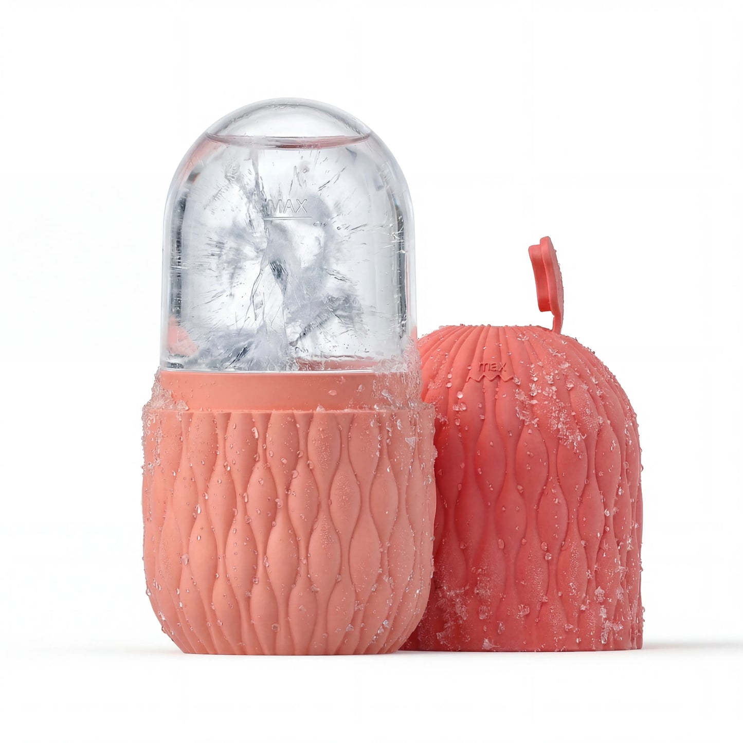 Velivor Glace Ice Roller in coral pink with frozen ice chamber and matching textured case
