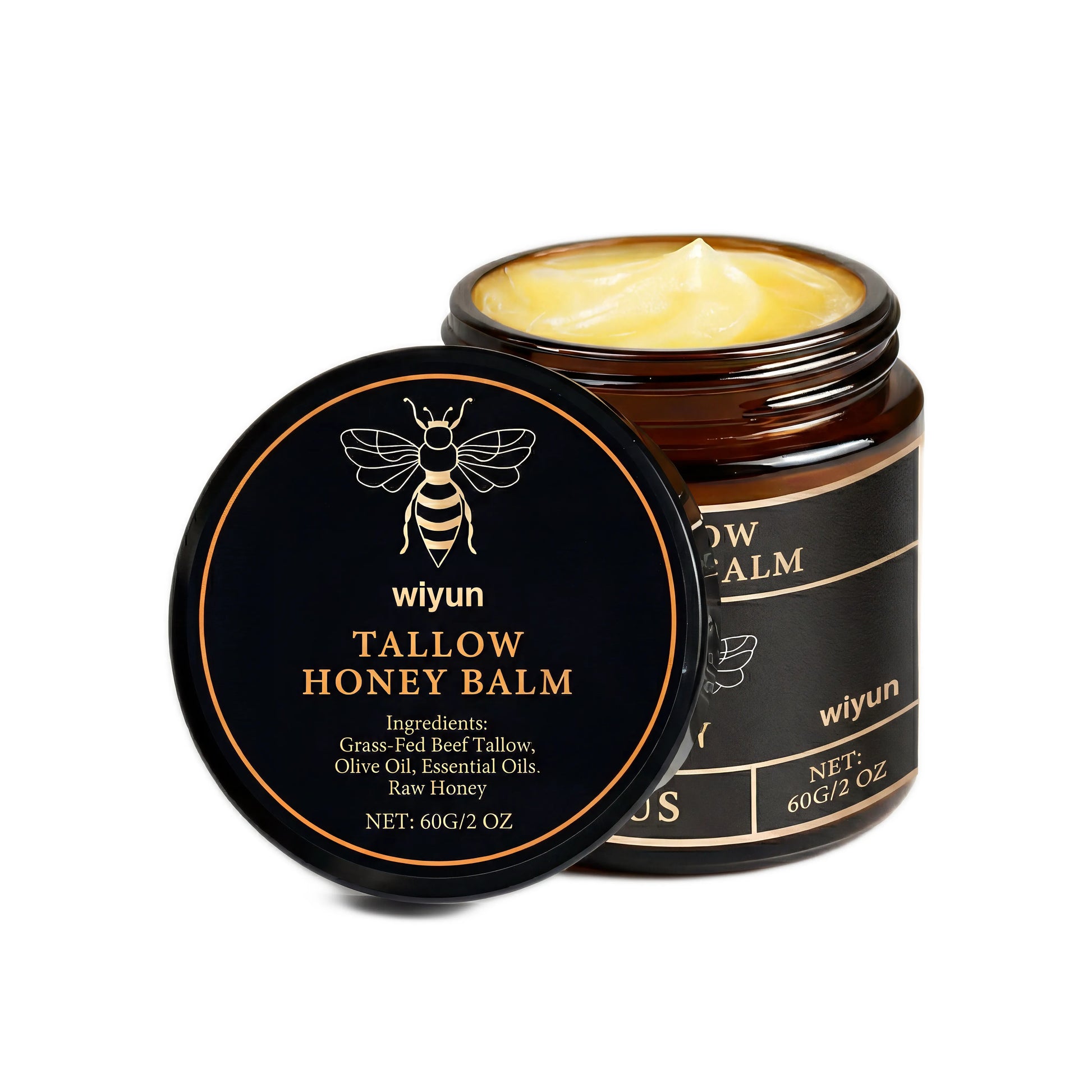 Velivor Balm mit Talg aus grasgefüttertem Rind und Rohhonig jar und lid on white Hintergrund