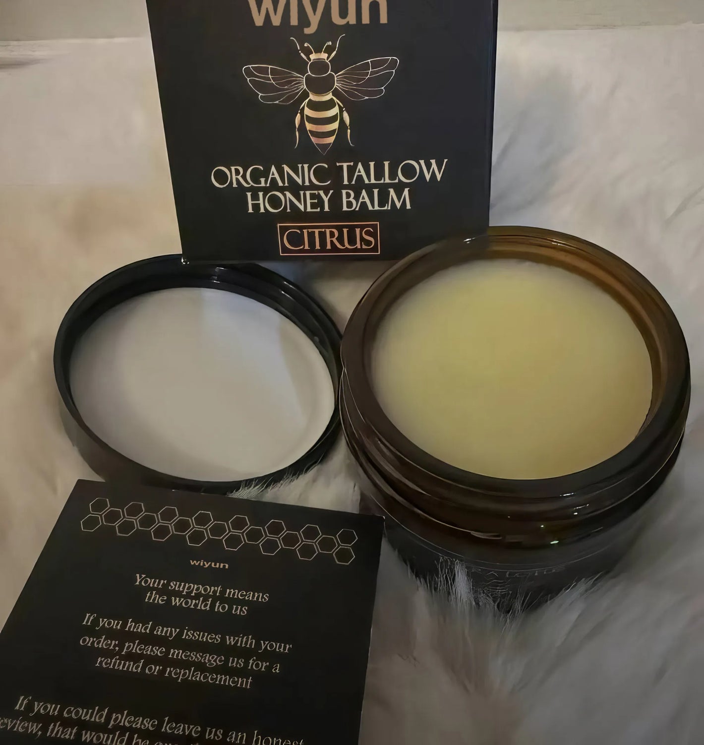 Velivor Organic Tallow Honey Balm Citrus jar mit open balm und Produkt Verpackung