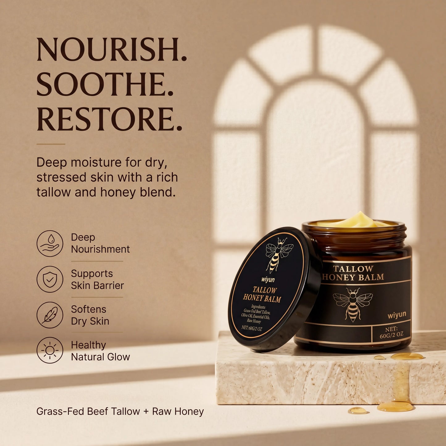 Velivor™ Grass-Fed Beef Tallow Balm with Raw Honey
